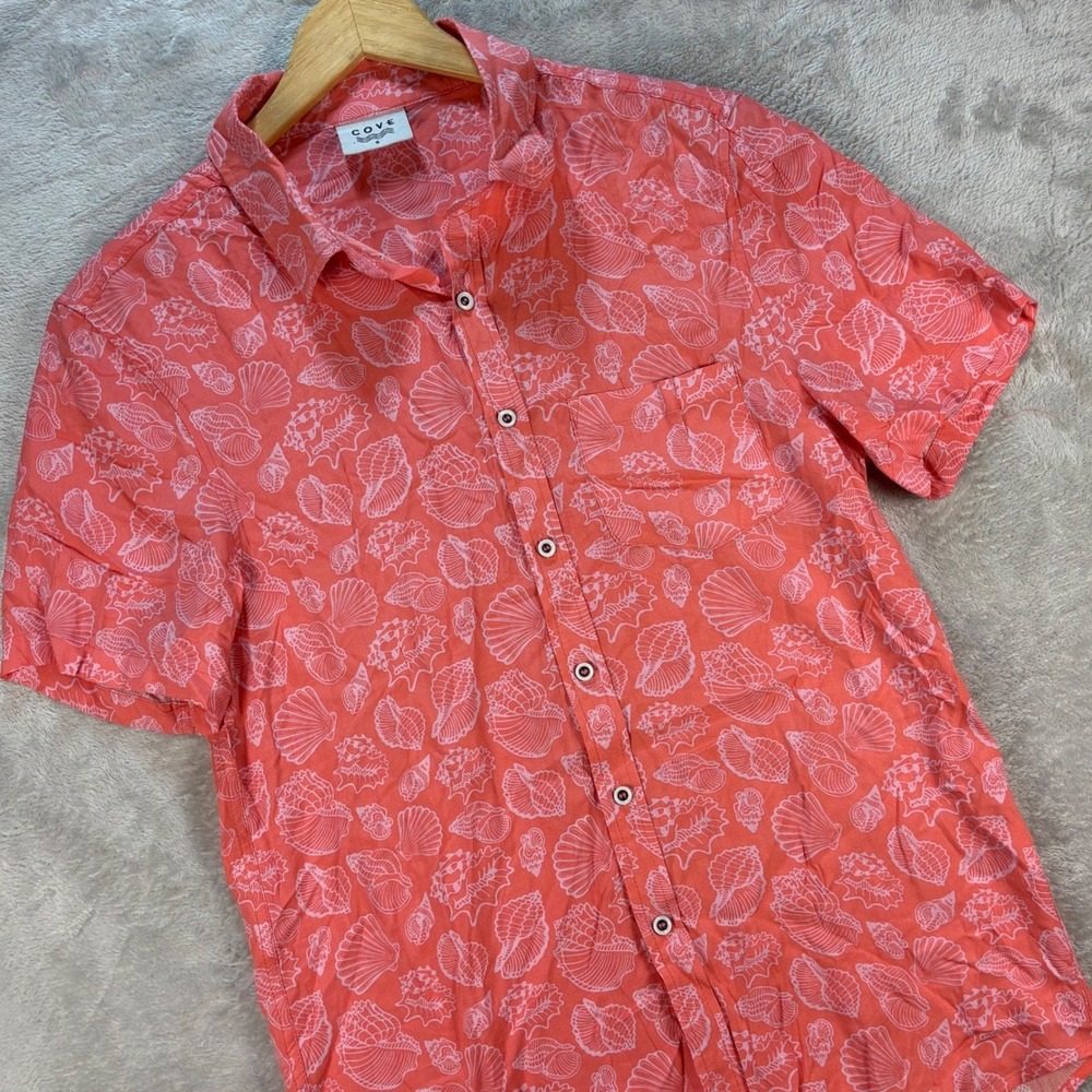Cove Men's Coral Shell Print Short Sleeve Button Down Shirt Rayon‎ Sz S Vacation